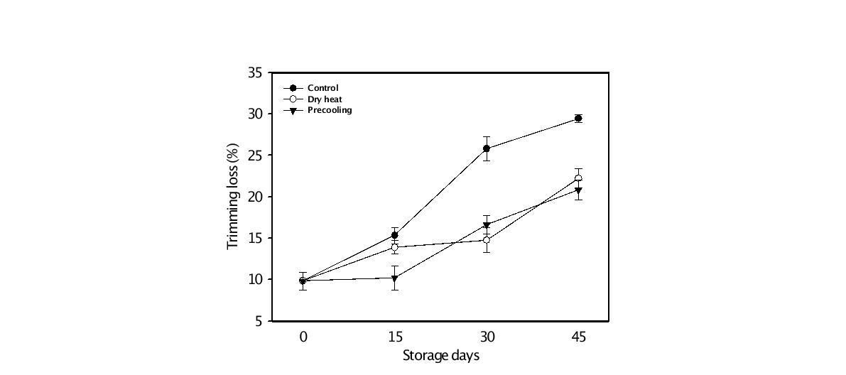 예냉 및 순간건식열처리에 의한 봄배추의저장 중 정선손실율 변화