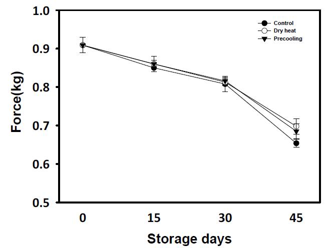 예냉 및 순간건식열처리에 의한 봄배추의 저장 중 추대 경도의 변화
