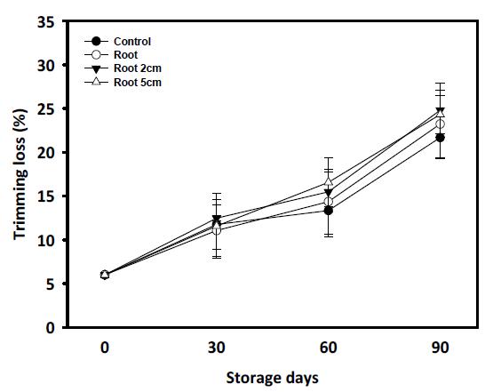 뿌리길이 조절을 통한 배추의 저장 중 정선손실율 변화