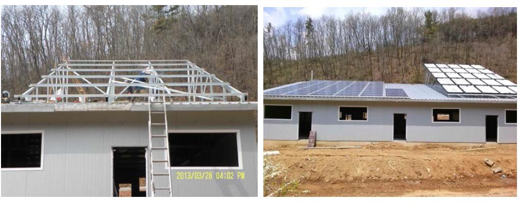 돈사 태양열 집열기 설치 장면(좌측 지붕에는 태양전지 설비)