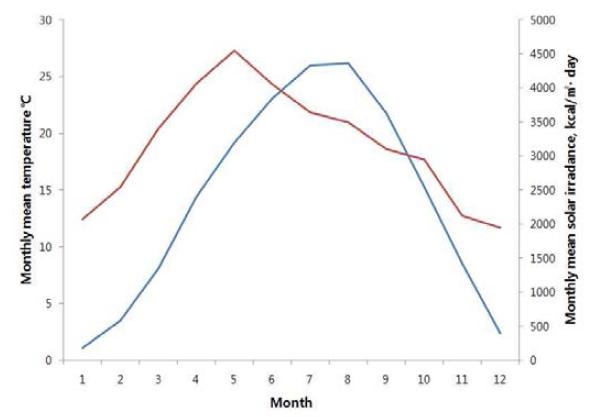 대구지역의 월별 평균온도와 평균일사량