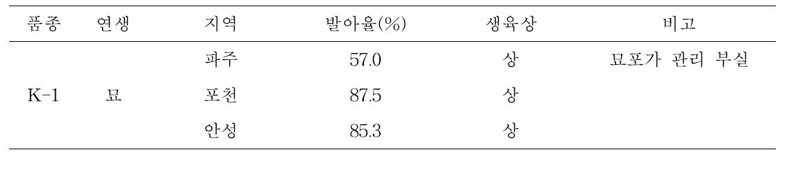 K-1의 2차 산지 적응력시험 묘포 발아율 및 생육상