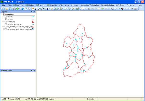 BASINS를 이용한 Subbasins, Streams, Outlets 구축