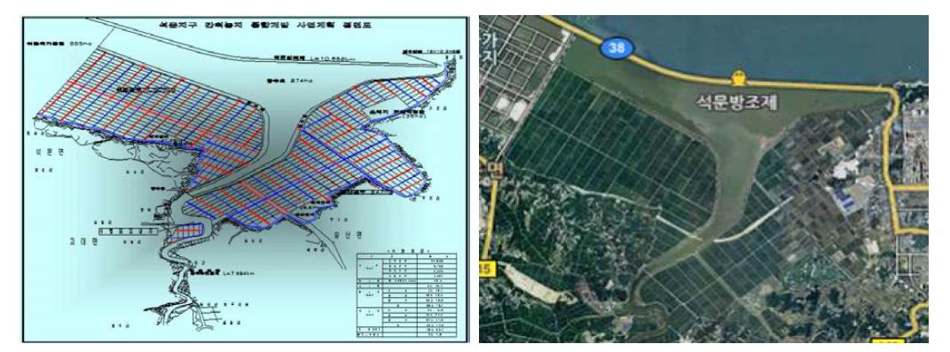 석문간척지구 평면도 및 위성사진