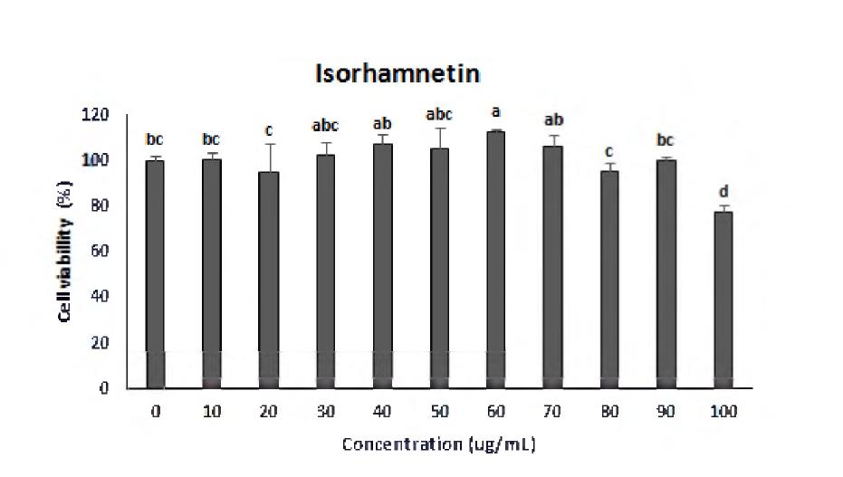 Viability of HepG cell following 4 h of treatment with different concentrations of Isorhamnetin.