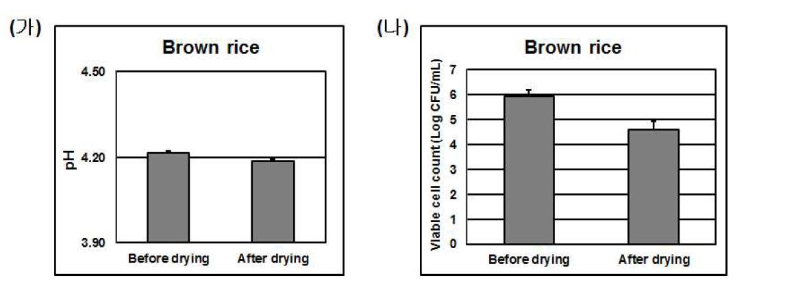 발효 된 발아현미의 건조 전/후 pH와 생균 수.