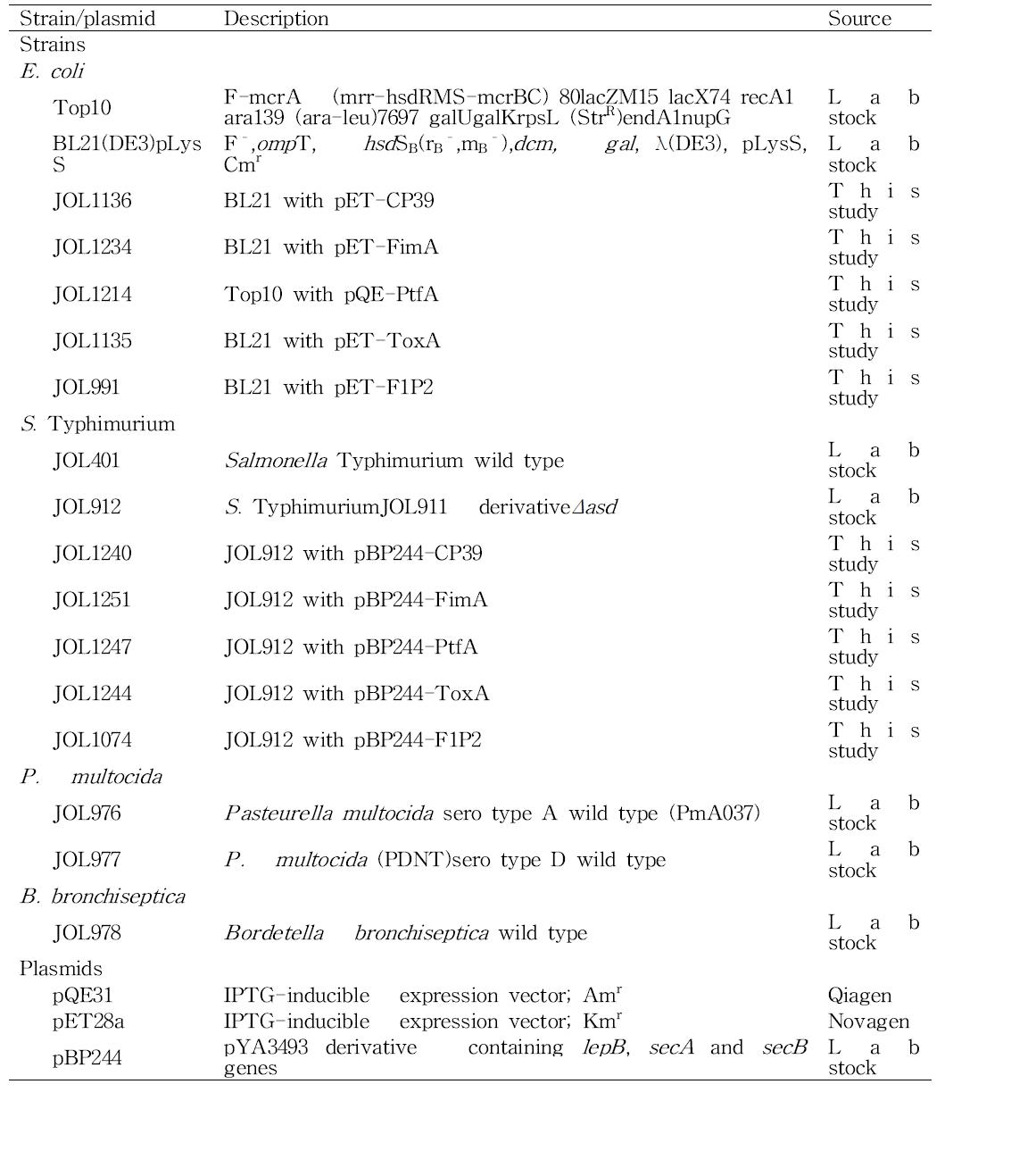 이 실험에 사용된 균주와 플라스미드