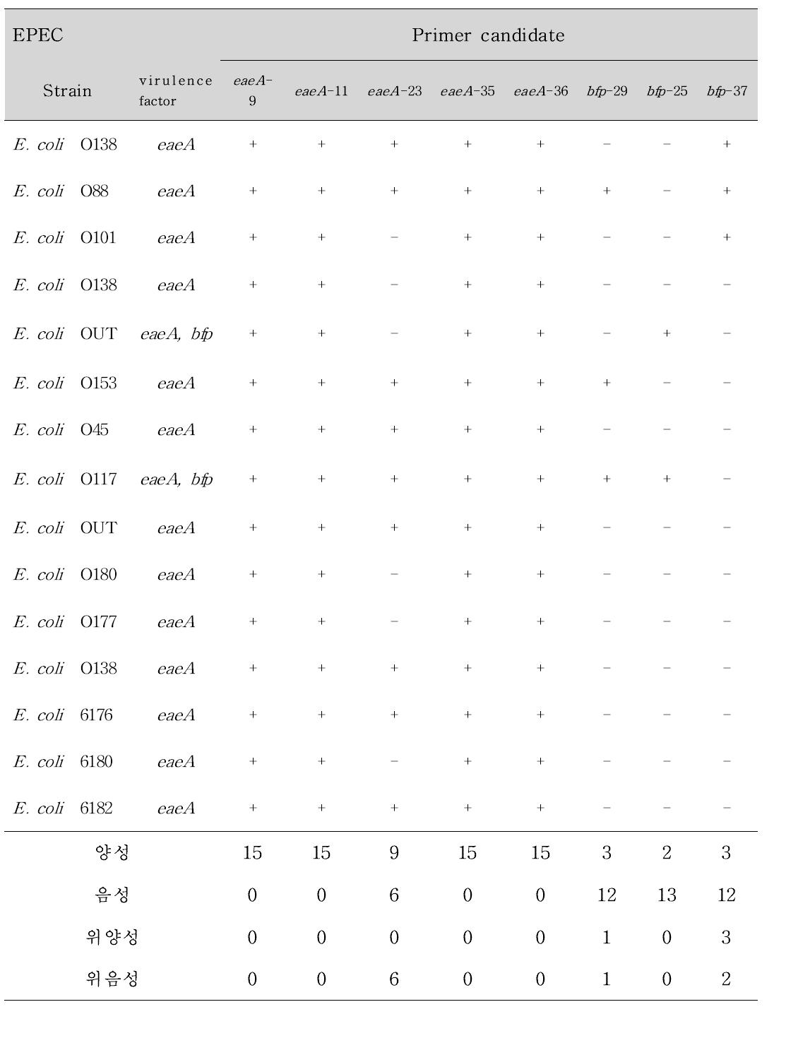 EPEC에 대한 Primer 후보군의 Conventional PCR 결과