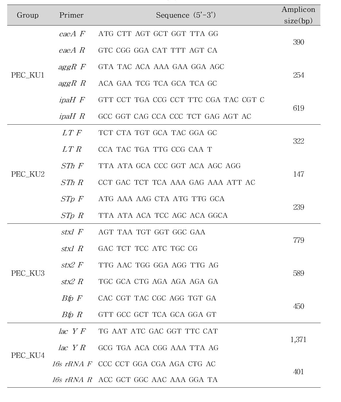 병원성 대장균의 검출을 위한 Multiplex Conventional PCR의 특이적 프라이머 세트 목록