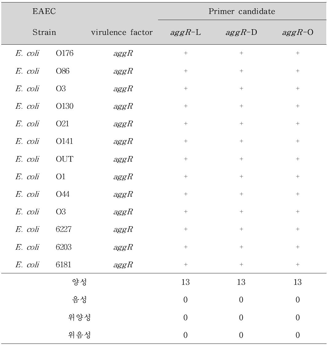 EAEC에 대한 Primer 후보군의 Real-time PCR(Probe) 결과