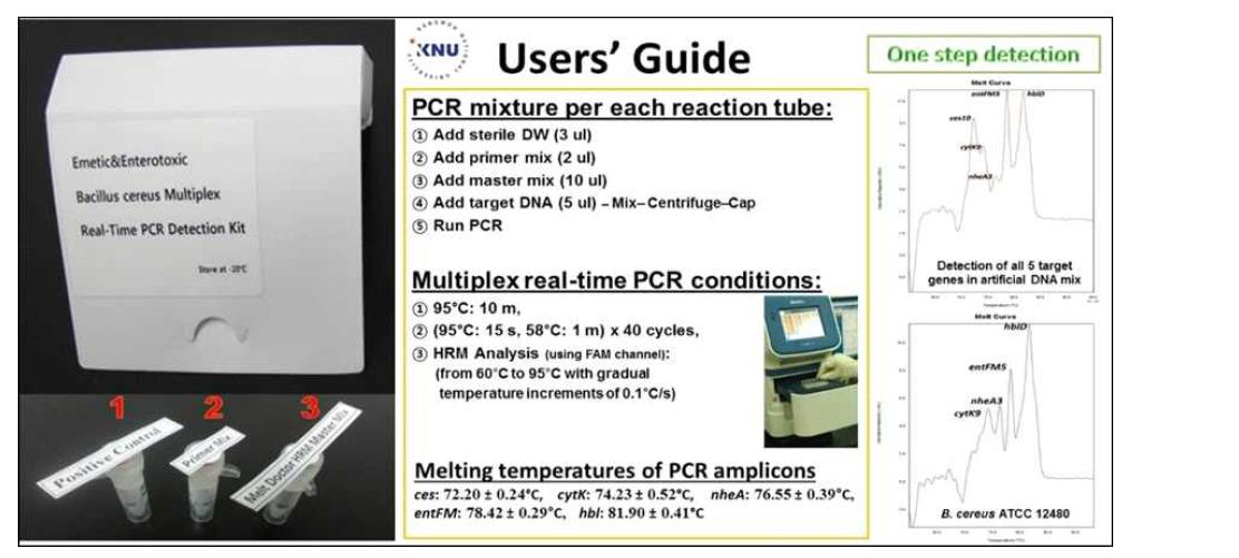 구토 및 설사형 바실러스 세레우스 세균을 동시에 검출할 수 있는 Multiplex Real-time PCR kit 시제품(왼쪽) 및 사용설명서 예시.