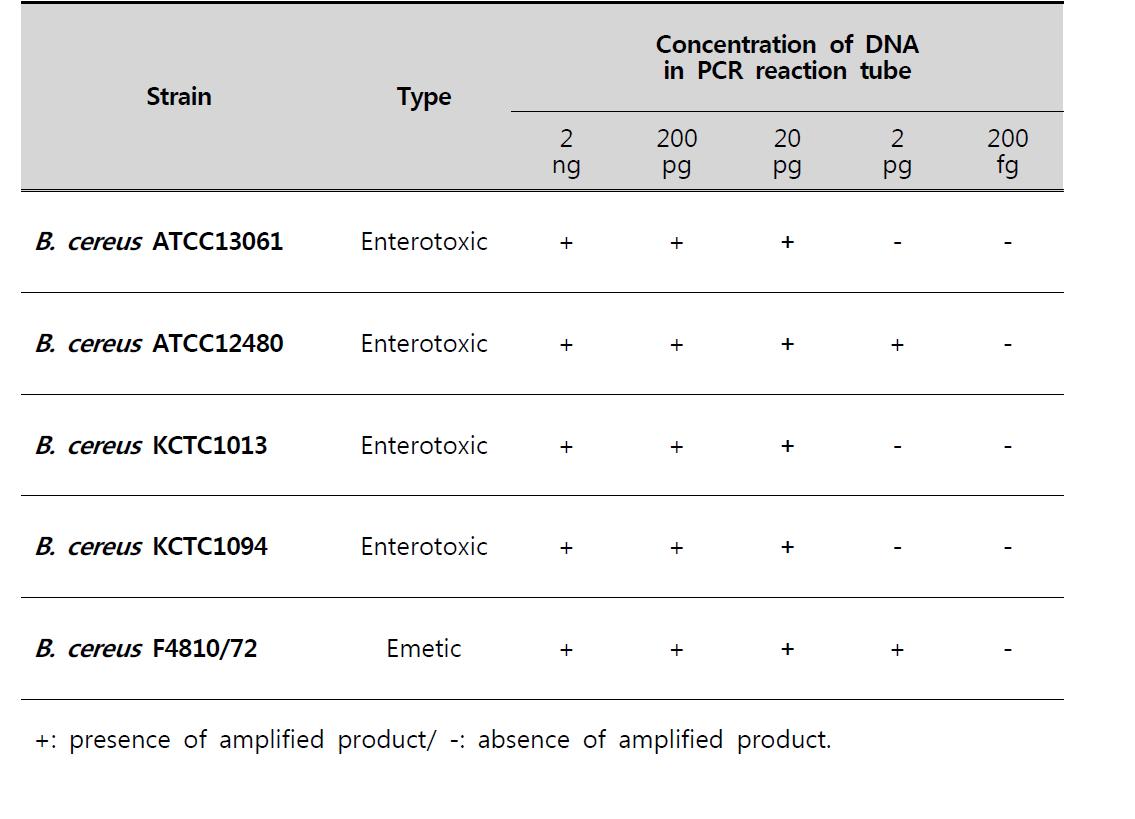 바실러스 세레우스 표준균주의 순수배양액에 대한 multiplex PCR의 검출한계