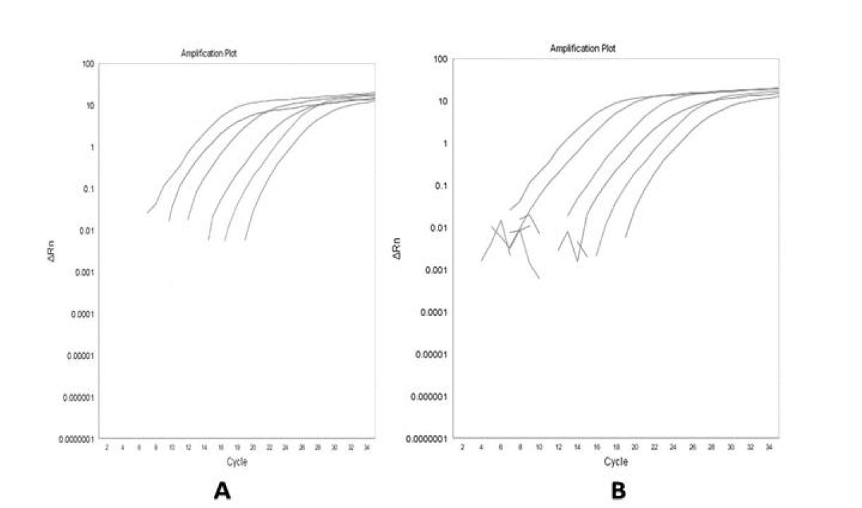 Limit of detection in artificially inoculated milk (A) and rice (B).