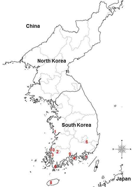 Collection areas of 10 genetic resources for polymorphism test of the isolated SSR loci.