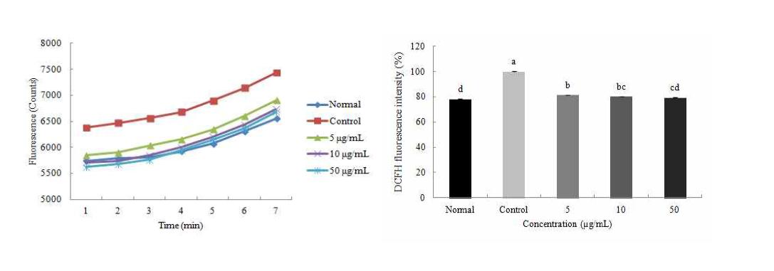 Effect of rutin from B. nivea on level of reactive oxygen species in C6 glial cell treated with SNP