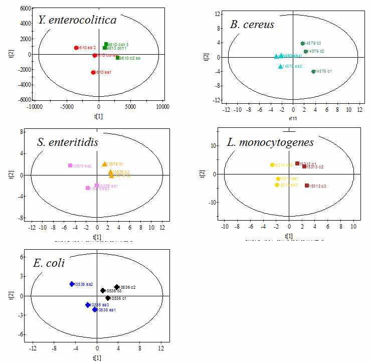 GC/MS-based metabolomic analysis of the growth media of E. coli, S. enteritids, Y. enterocolitica, L. monoctogenes, and B. cereus treated with Z. mioga extracts having antimicrobial activityFig.