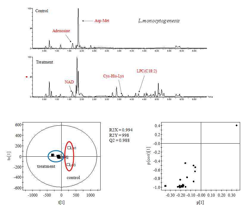 Representative LC/MS profiles of L. monoctogenes treated with the mixture of antimicrobial compounds and PLS-DA scores and S-plots.