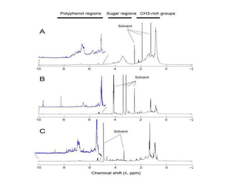 300 MHz NMR spectrum of acetic acid fraction (A), ether:ethyl acetate fraction (B), and methanol fraction (C).