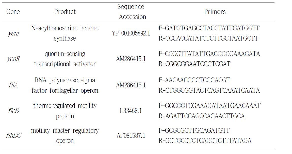 Primers used in the study of gene expression in Yersinia enterocolitica.