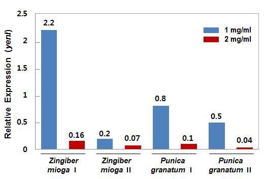 Relative gene expression levels in Y. enterocolitica of yenI in the presence of bioactive compounds (1 and 2 mg/ml).