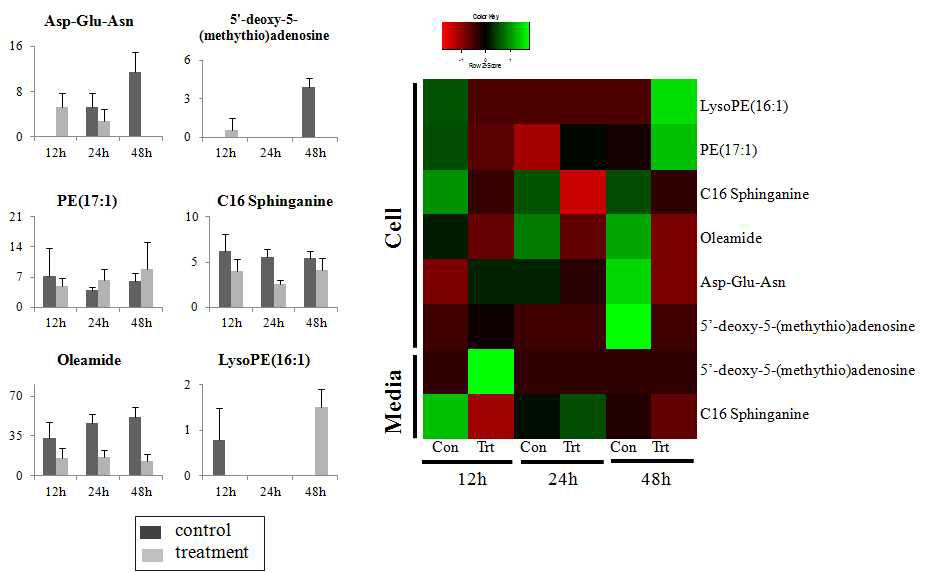 Relative abundance of identified metabolites and their heat map. The heat maps were drawn by R with ggplot2 and the green-red color represents the z-score transformed raw data of soybean sprout metabolites with significant differences among sample groups. Red and green colors indicate an increase and a decrease of metabolite level, respectively.