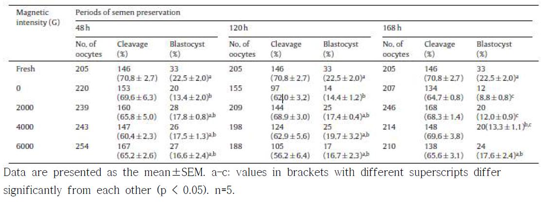 Oocyte cleavage and blastocyst formation rates at 144 h after in vitro fertilization with sperm stored in magnetized semen extender.