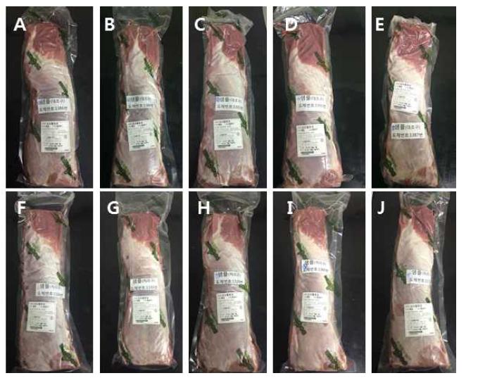 Experimental samples, 0G treatments (A-E) and 6000G treatment (F-J) pork