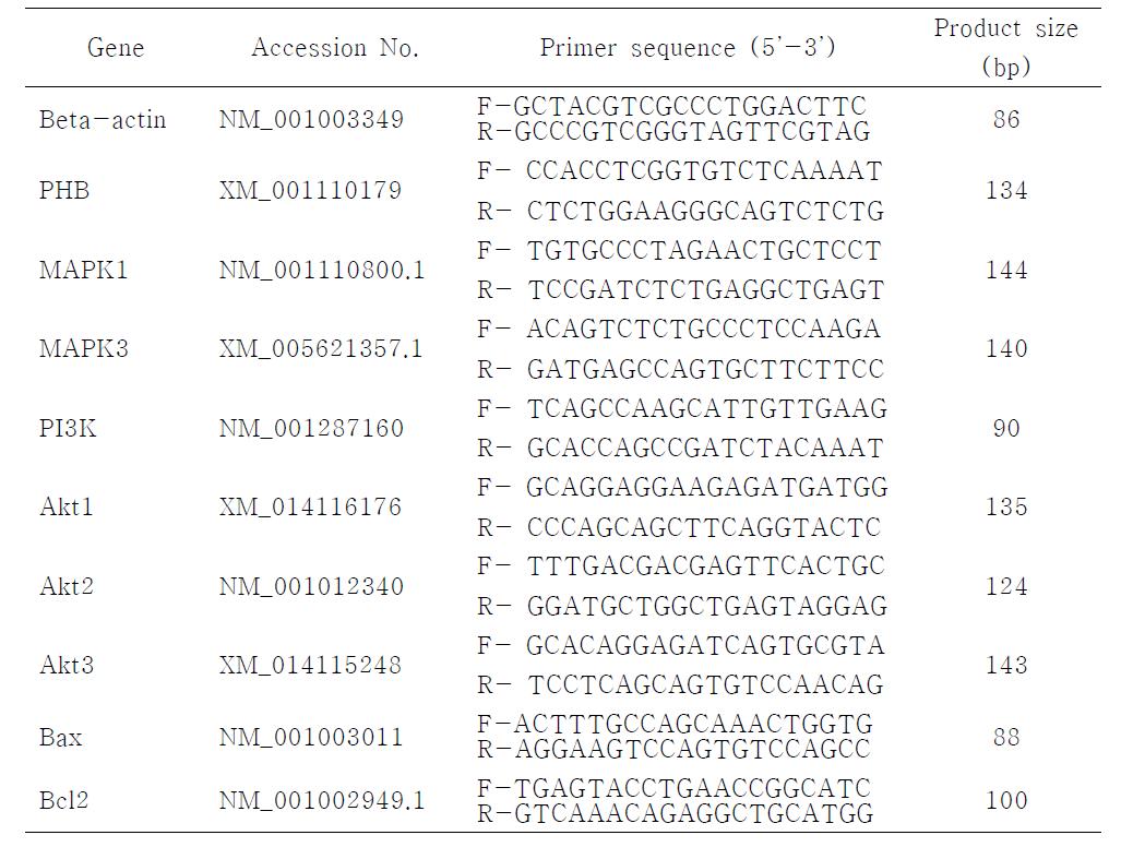 qRT-PCR 분석을 위한 유전자의 Primer 서열