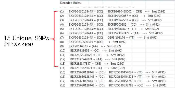 SNP를 바탕으로 연관성 규칙 마이닝의 결과