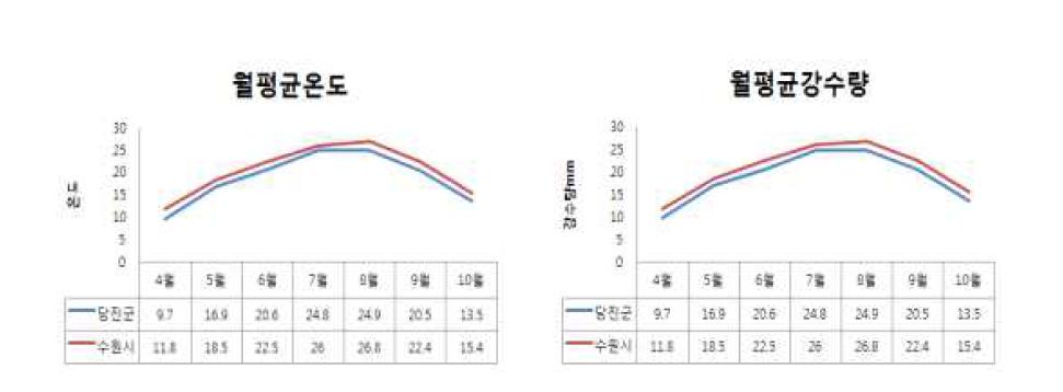 당진군과 수원시의 월평균기온 및 월평균강수량 변이