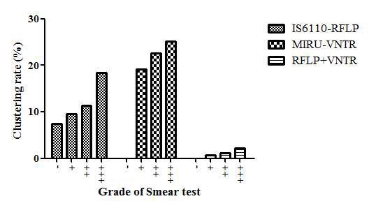 도말검사등급별 대상균주의 genotype에 따른 Clustering rate