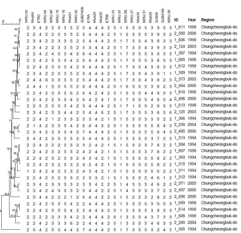 충청북도 지역에서 분리한 대상균주의 MIRU-VNTR pattern
