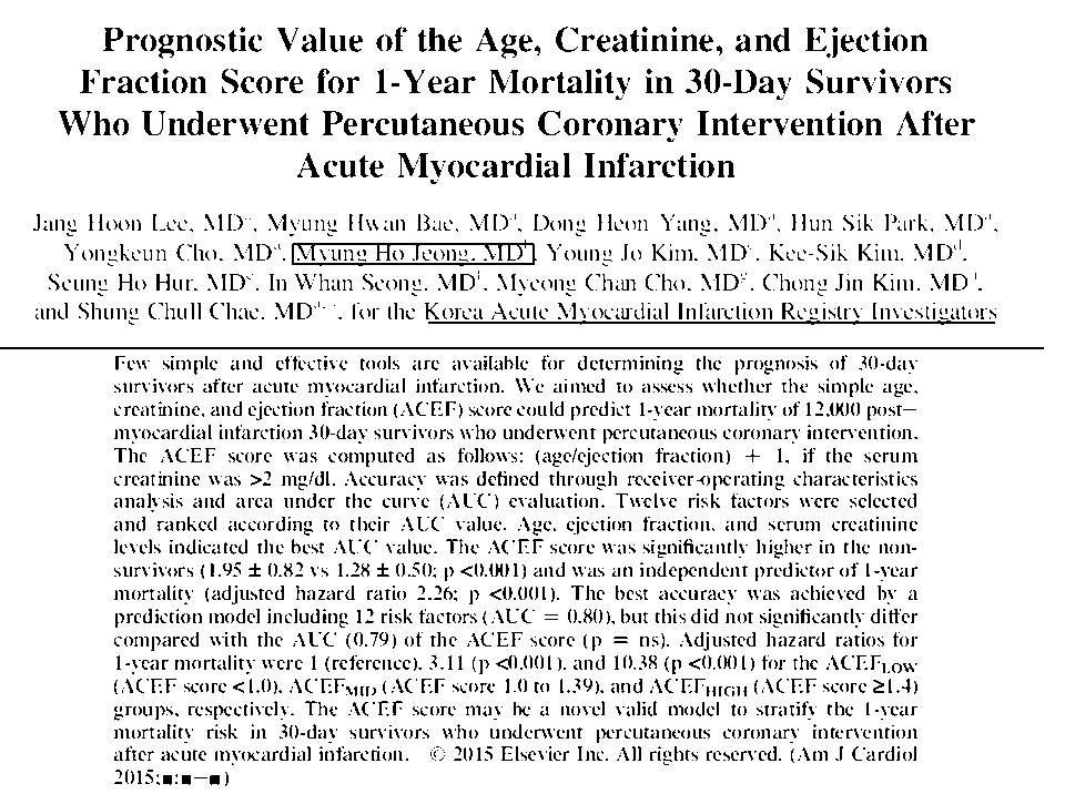 ACEF(age, creatine, ejection fraction) risk score published on AJC, 2015