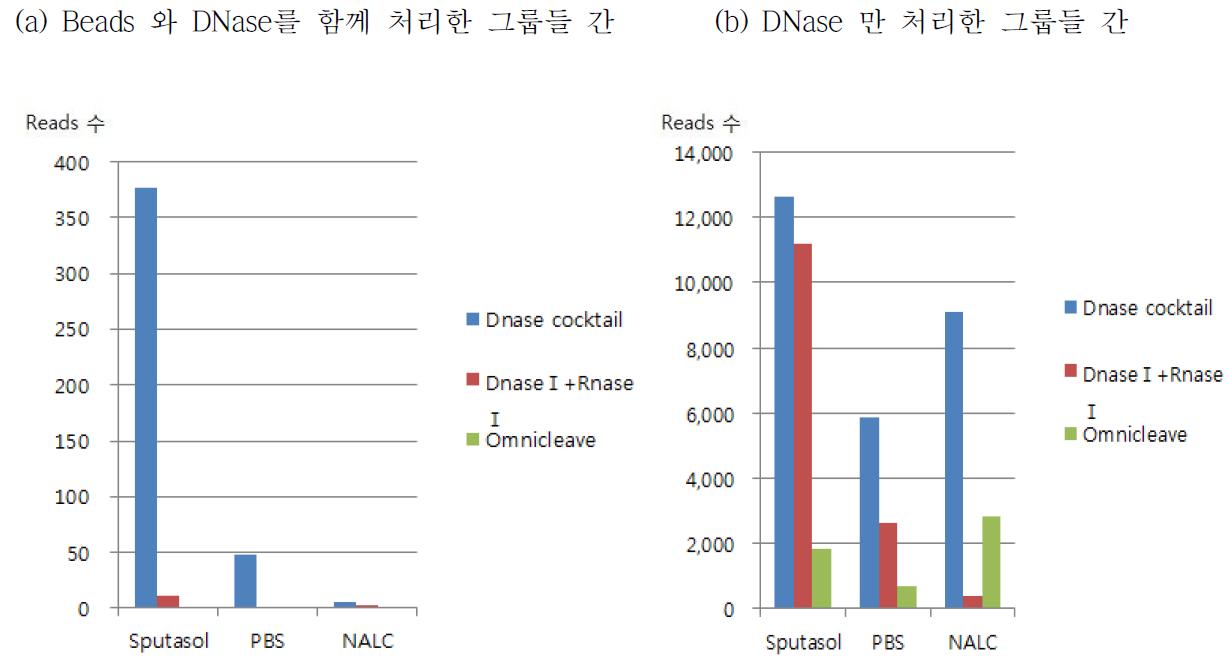 DNase와 beads를 함께 처리한 그룹과 DNase 만을 처리한 그룹간의 비교