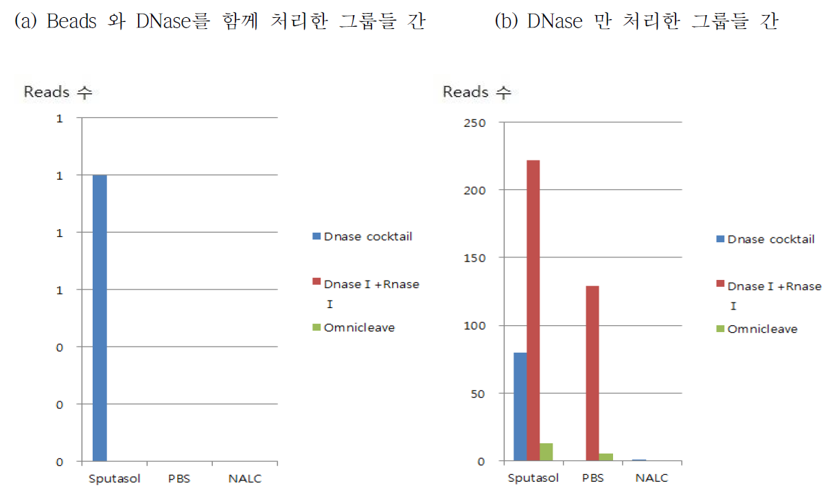 DNase와 beads를 함께 처리한 그룹과 DNase 만을 처리한 그룹간의 비교