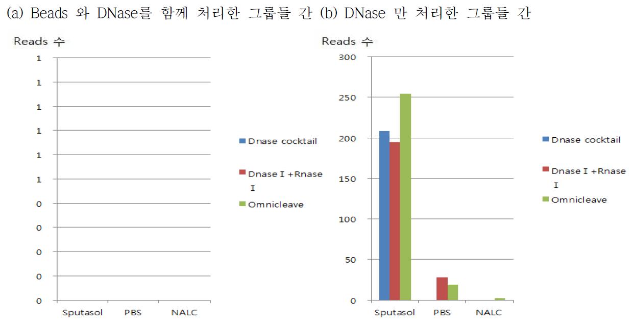 DNase와 beads를 함께 처리한 그룹과 DNase 만을 처리한 그룹간의 비교