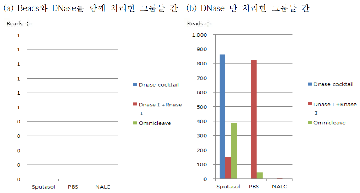 DNase와 beads를 함께 처리한 그룹과 DNase 만을 처리한 그룹간의 비교