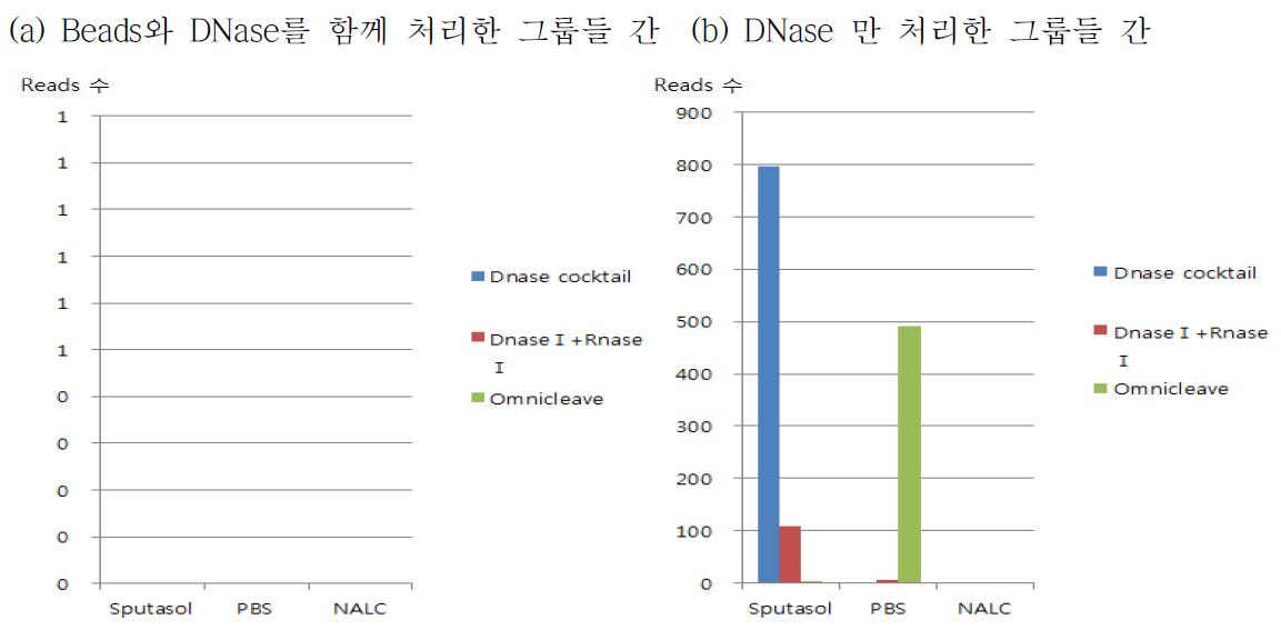 DNase와 beads를 함께 처리한 그룹과 DNase 만을 처리한 그룹간의 비교