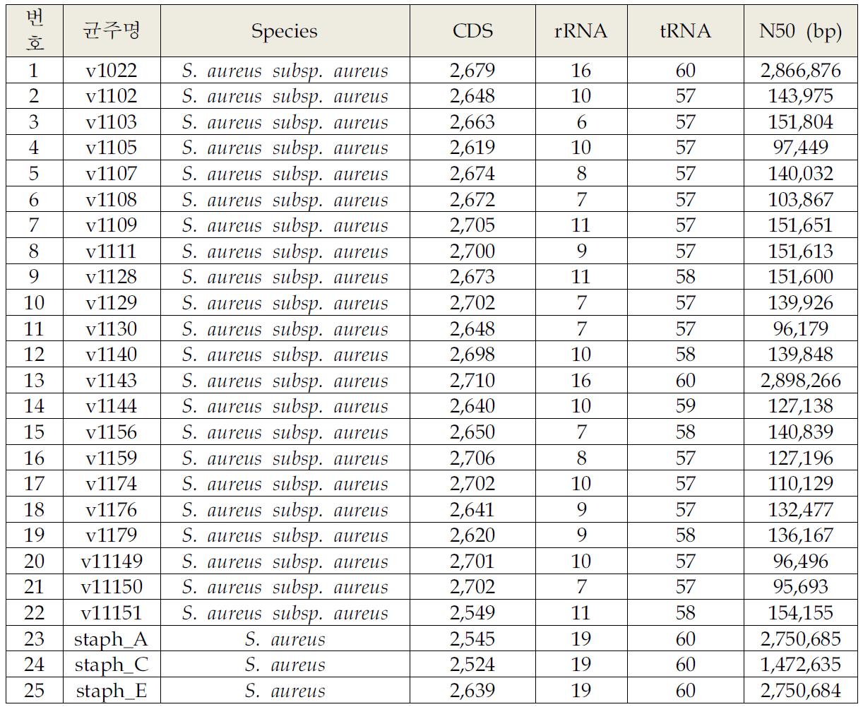 Staphylococcus 균주의 유전체 분석 결과 요약 (2)