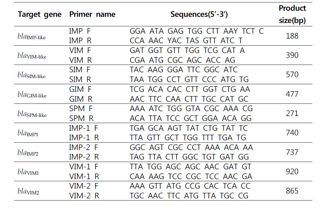 MBL 유전자 확인에 사용된 primer