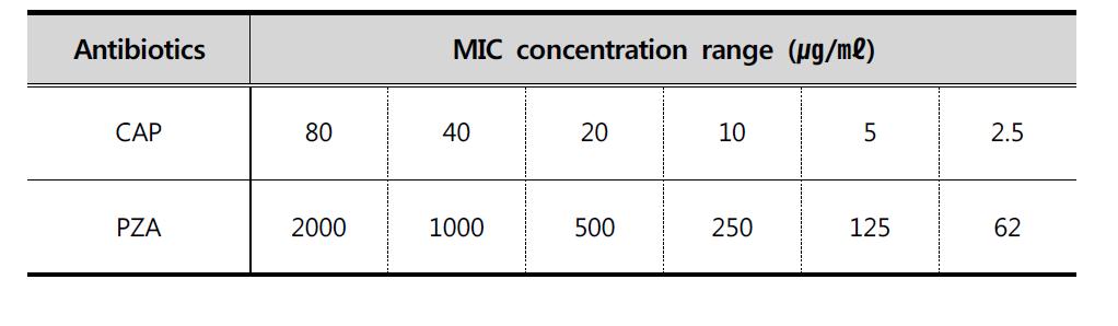 CAP 및 PZA 감수성 시험을 위한 MIC 농도 단계