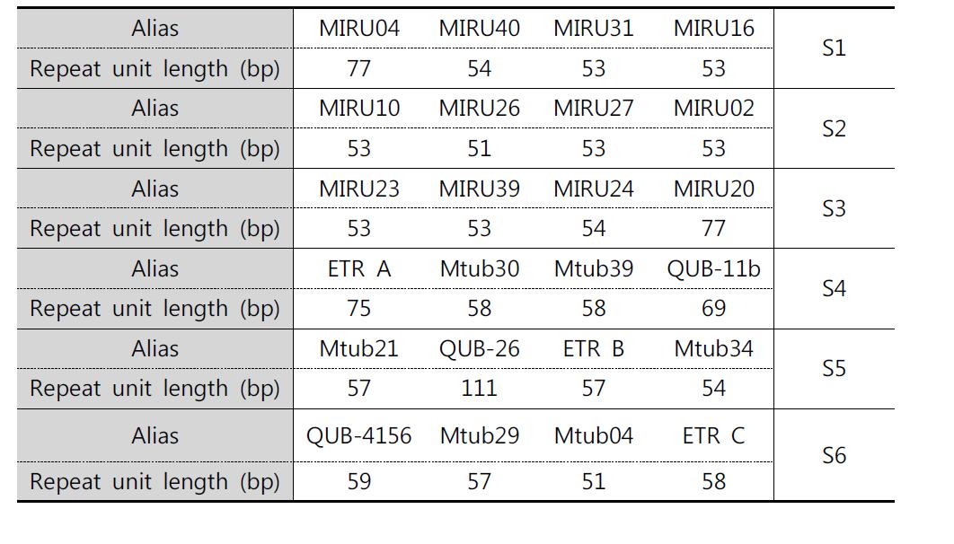 결핵균의 MIRU-VNTR 분석을 위한 유전자좌별 반복 서열 길이
