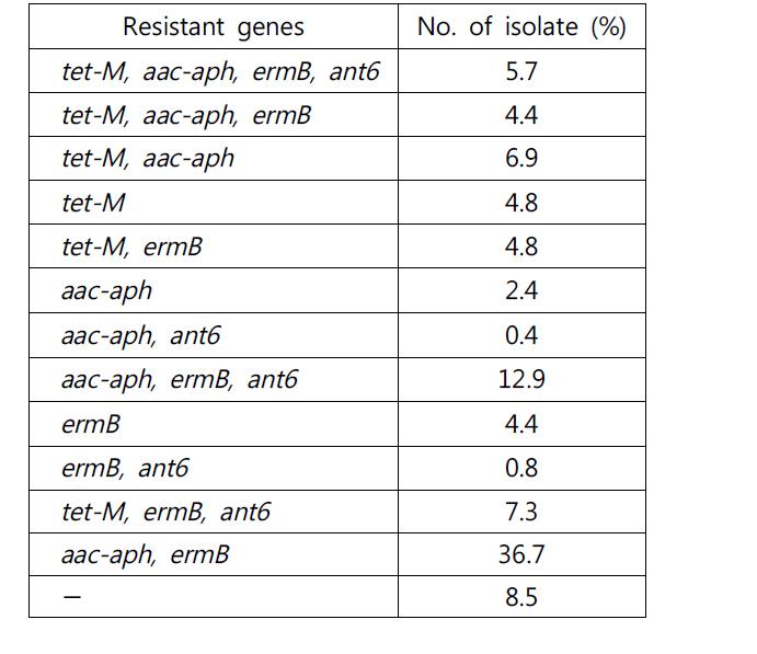 E. faecium의 항생제 내성유전자의 분포