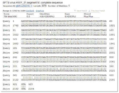 Sequence alignment of the M segment of SFTS virus detected from suspected dengue virus infection