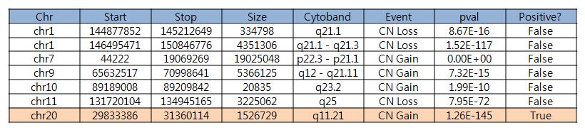 arrayCGH로부터 detection된 CNV region.