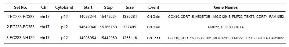 arrayCGH로부터 17p11.2 - 12영역의 gain과 loss 정보