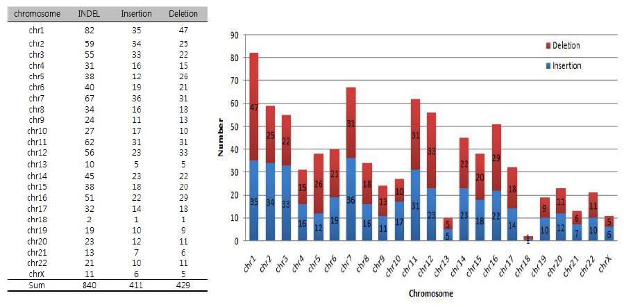 chromosome 에 따른 INDEL calling 개수와 분포