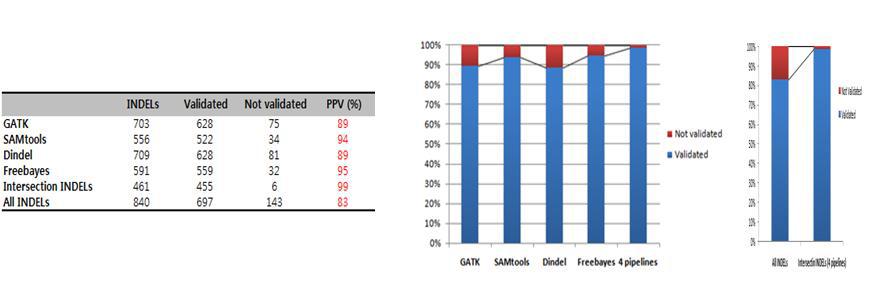 각 algorithm 의 INDEL validation 후 PPV 분석 및 intersection INDEL에서의 validation 후 PPV (positive predictive value) 분석