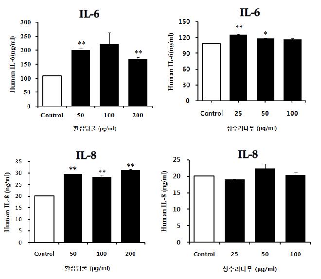 환삼덩굴 및 상수리나무 알레르겐 감작 후 BEAS-2B세포의 IL-6, IL-8 분비 변화