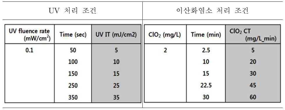 UV 및 이산화염소의 주입 조건